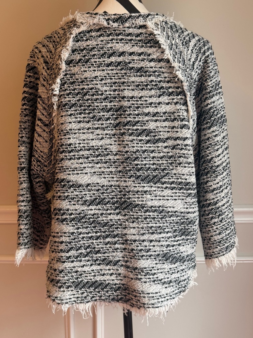 IRO LICIA Frayed Tweed Knit Top 3/4 Sleeve Fringe Sweater Cotton Blend Gray 40 - Picture 3 of 7